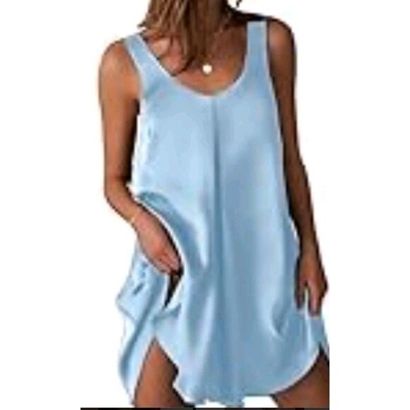 Ekouaer Satin Slip Dress Sz Small Blue Pleated Nightgown Loose Ok Oversized New - Picture 2 of 7